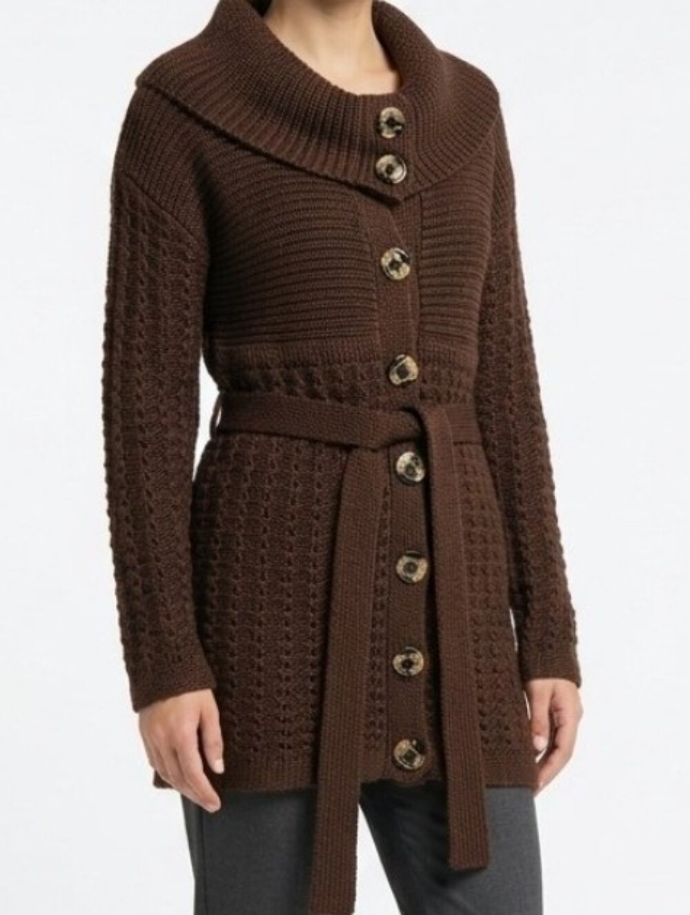 DESIGN HISTORY Womens Brown Long Slv Cardigan Sweater Button Tie Wool Acrylic S